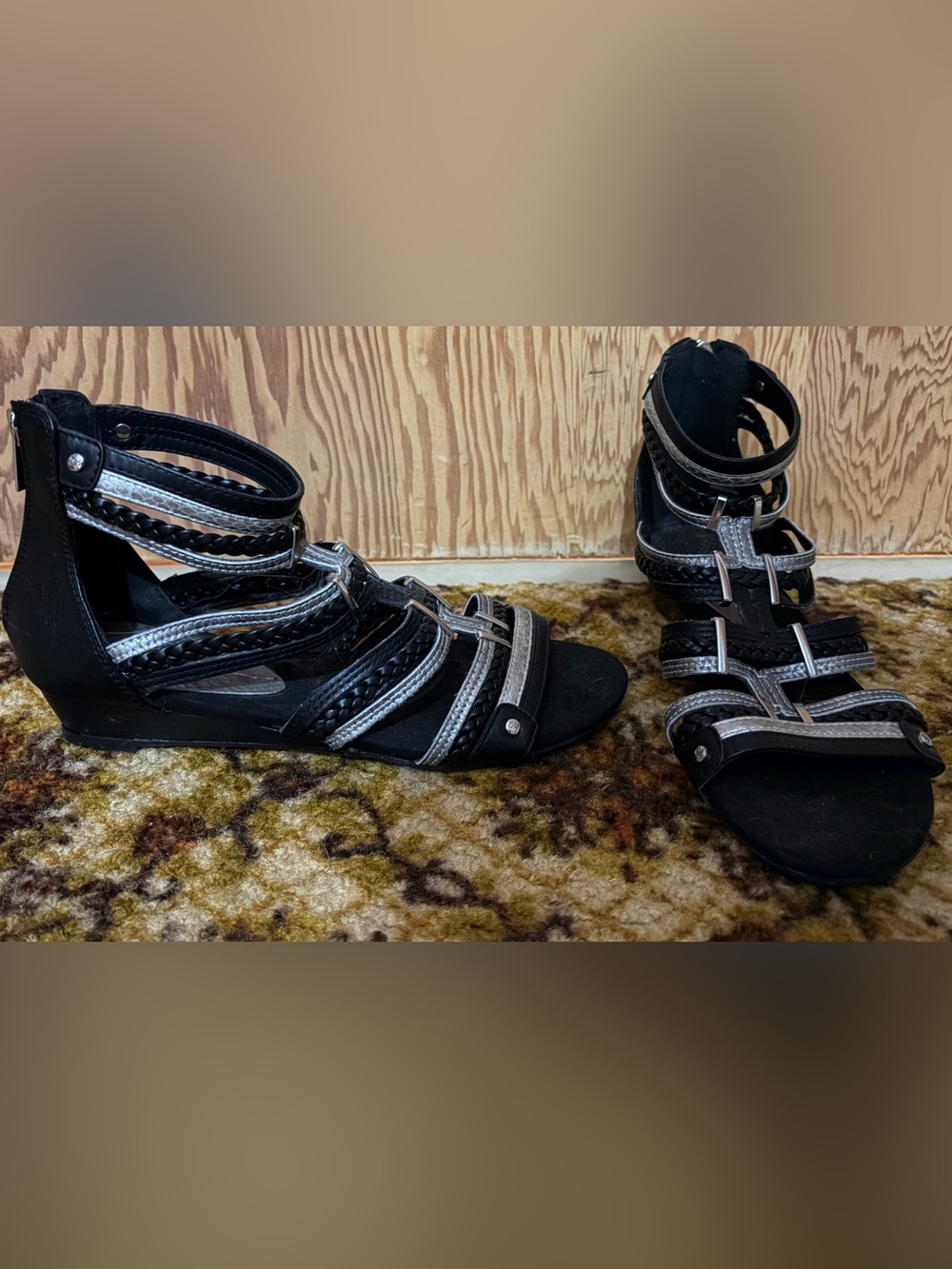 Black and Silver Strappy Gladiator Sandals Never Worn Size 37